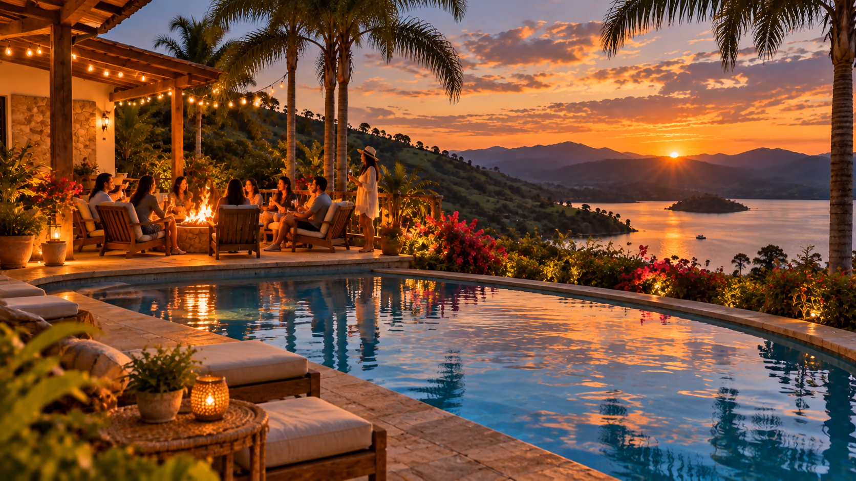 Amigos y familia reunidos alrededor de una fogata junto a la piscina, al atardecer frente al lago
