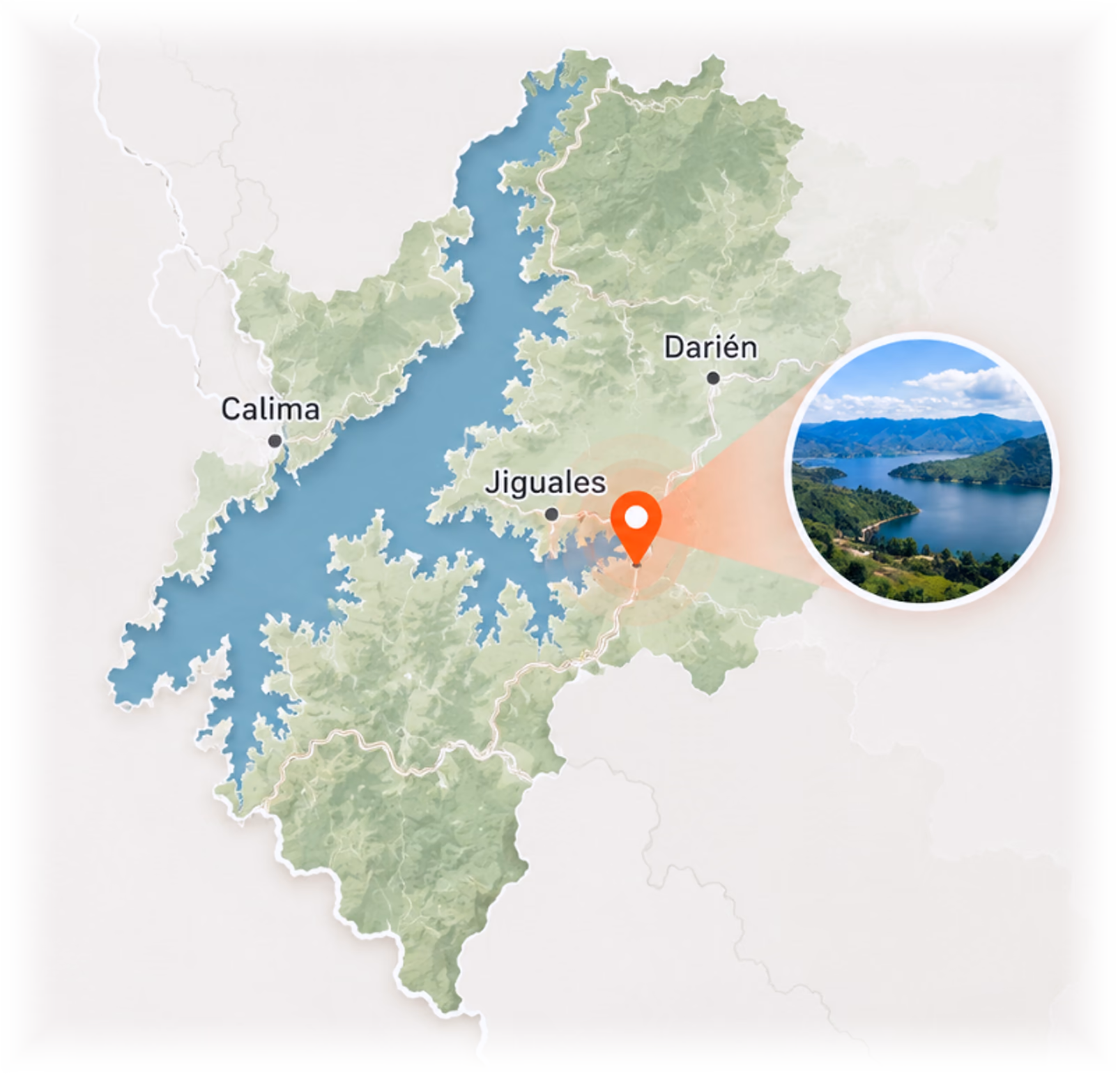 Mapa ilustrado del Lago Calima con la ubicación de la finca, entre Calima, Darién y Jigüales